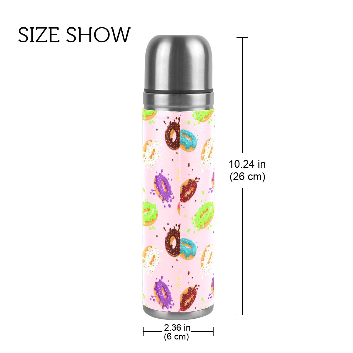 Taza de viaje aislada al vacío de acero inoxidable con doble pared a prueba de fugas, botella de color rosquilla personalizada impresa en cuero genuino envuelta termo termo termo 500 ml