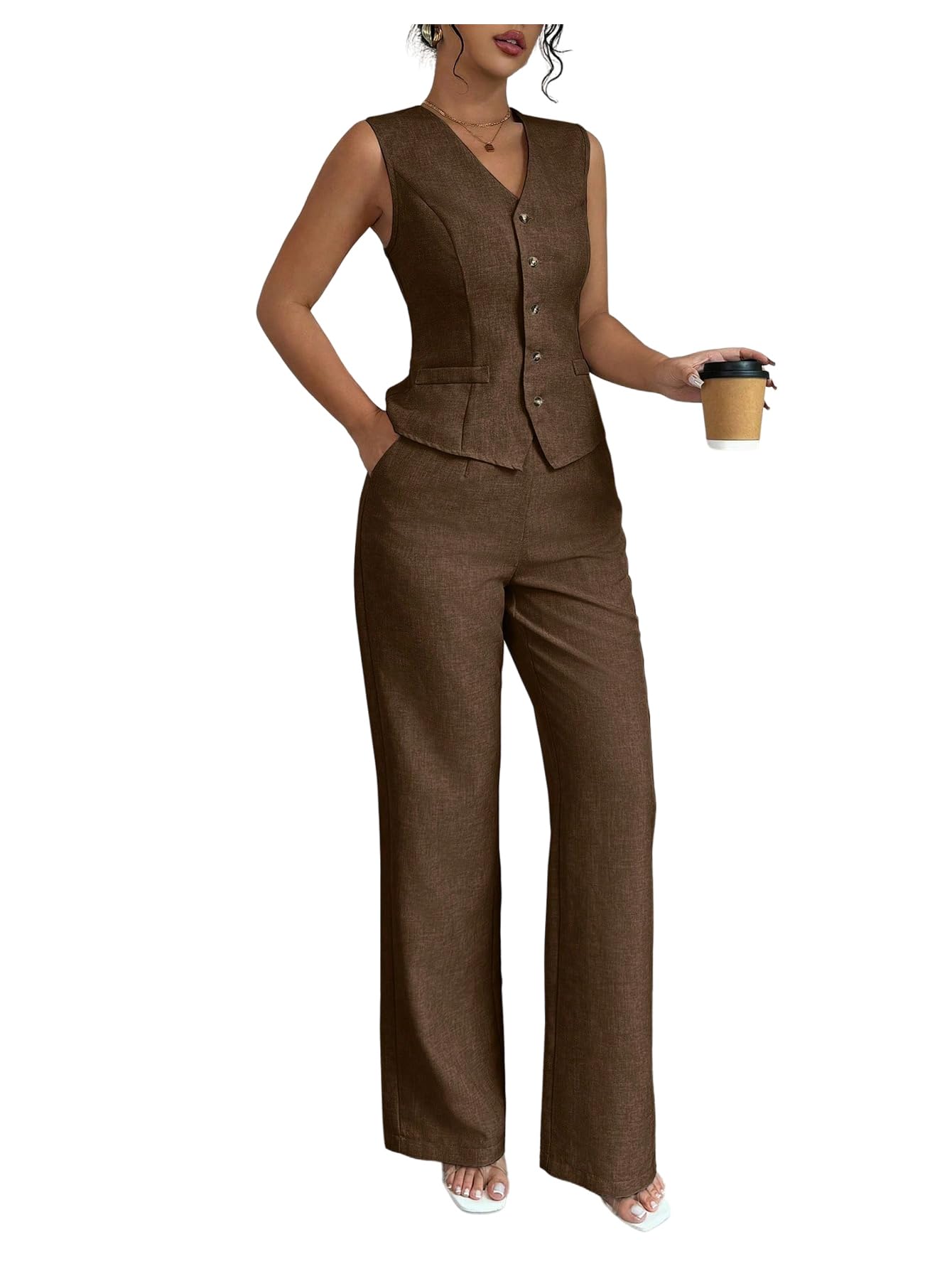 SOLY HUX Womens 2 Piece Outfits V Neck Button Down Vest Tops and High Waisted Pants Set Office