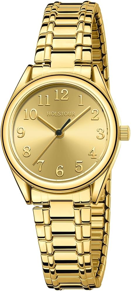 HOLSTOUR Gold Watches for Women Easy Reader Watch,with Stainless Steel Expansion Band, 30M Resistant.
