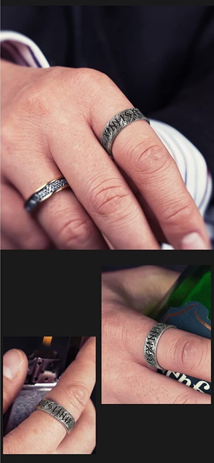 Chinese Lucky Feng Shui Auspicious Ring ， Feng Shui Mantra-Ring, Vintage Schwarzer Sterling Silber Elder Futhark Runen Ring Nordischer Wikingerschmuck for Männer Frauen Verstellbare Größe S/M/L(M)