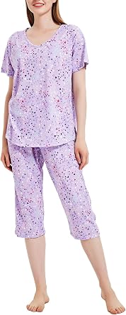 CHUNG Women Cotton Pajama Sets Sleepwear pjs Short Sleeve Shirt Capri Length Crop Pants Cute Vivid Print