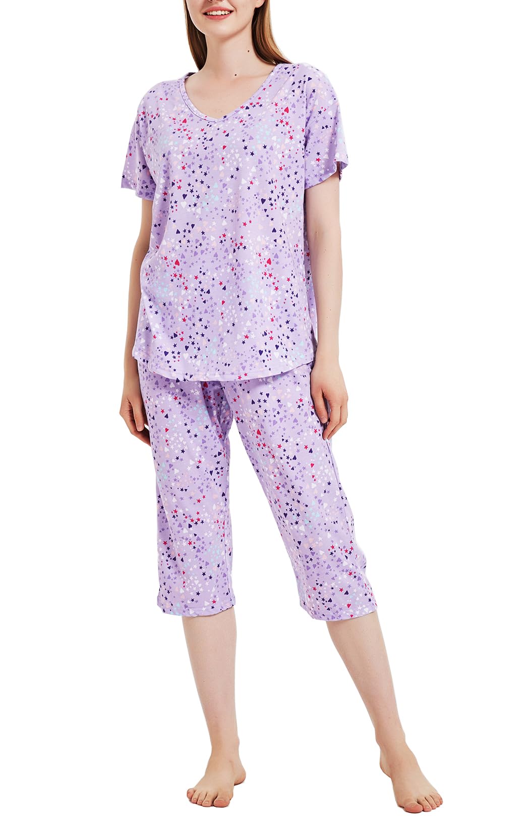 CHUNG Women Cotton Pajama Sets Sleepwear pjs Short Sleeve Shirt Capri Length Crop Pants Cute Vivid Print