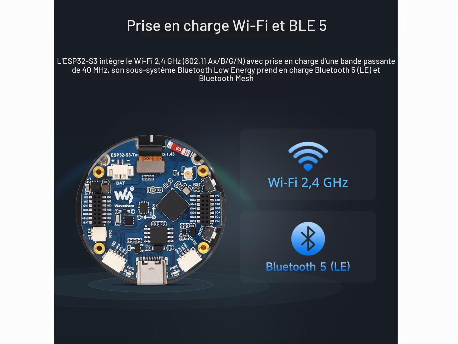 Waveshare ESP32-S3 1.43inch AMOLED Round Display Development Board 466×466 Resolution 16.7M Color Capacitive Touch Display Adopts ESP32-S3R8 Chip with 2.4GHz WiFi and Bluetooth BLE 5