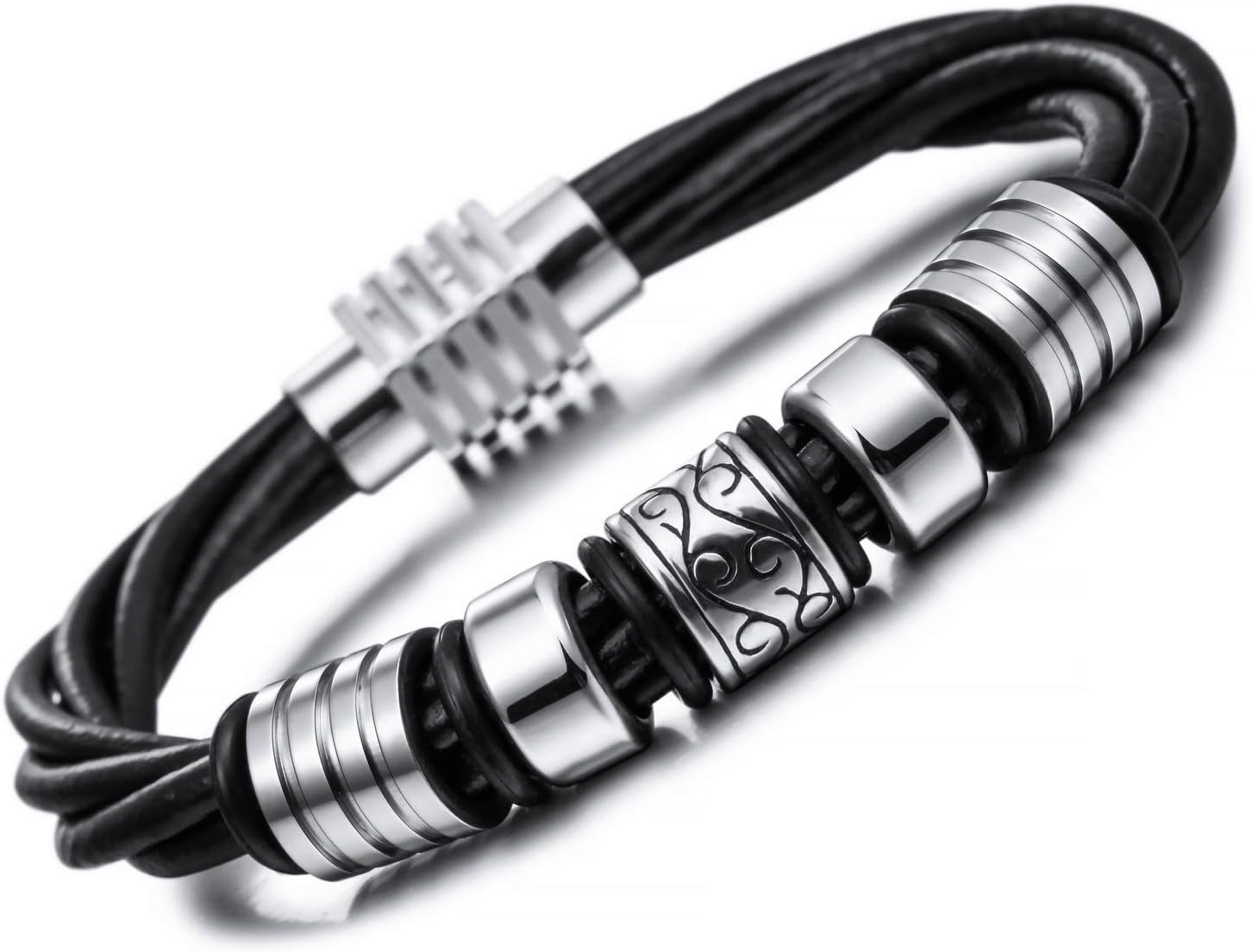 IINBLUE Black Genuine Leather Bracelet Bangle Cuff Band for Men Women Boys girls Braided Rope Stainless Steel Magnetic Clasp Handmade Jewelry Friendship Best Friend Gift (9 Inches Long)