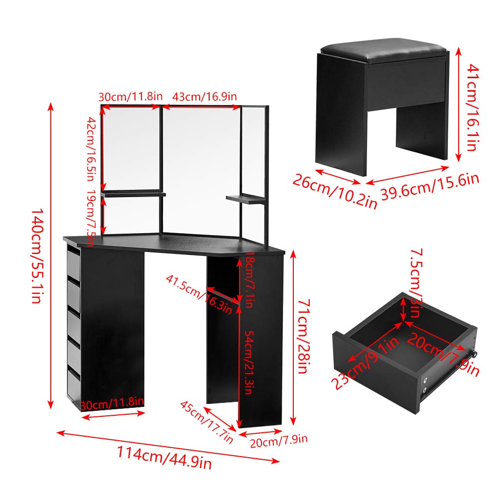 BOJU Black Corner Makeup Vanity Table Tri Flip Mirror Dressing Table