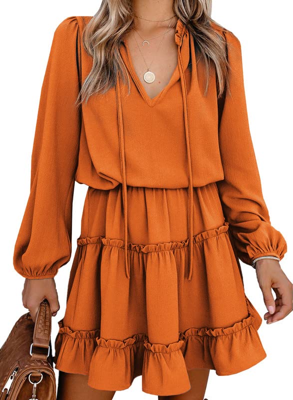 Dokotoo Womens Juniors Cute Spring Casual Spring Sexy Deep V Neck Ruffle Chiffon Lantern Long Sleeve Elegant Empire Waist Flowy Mini Short Dresses for Women Party 2024 Orange X-Large