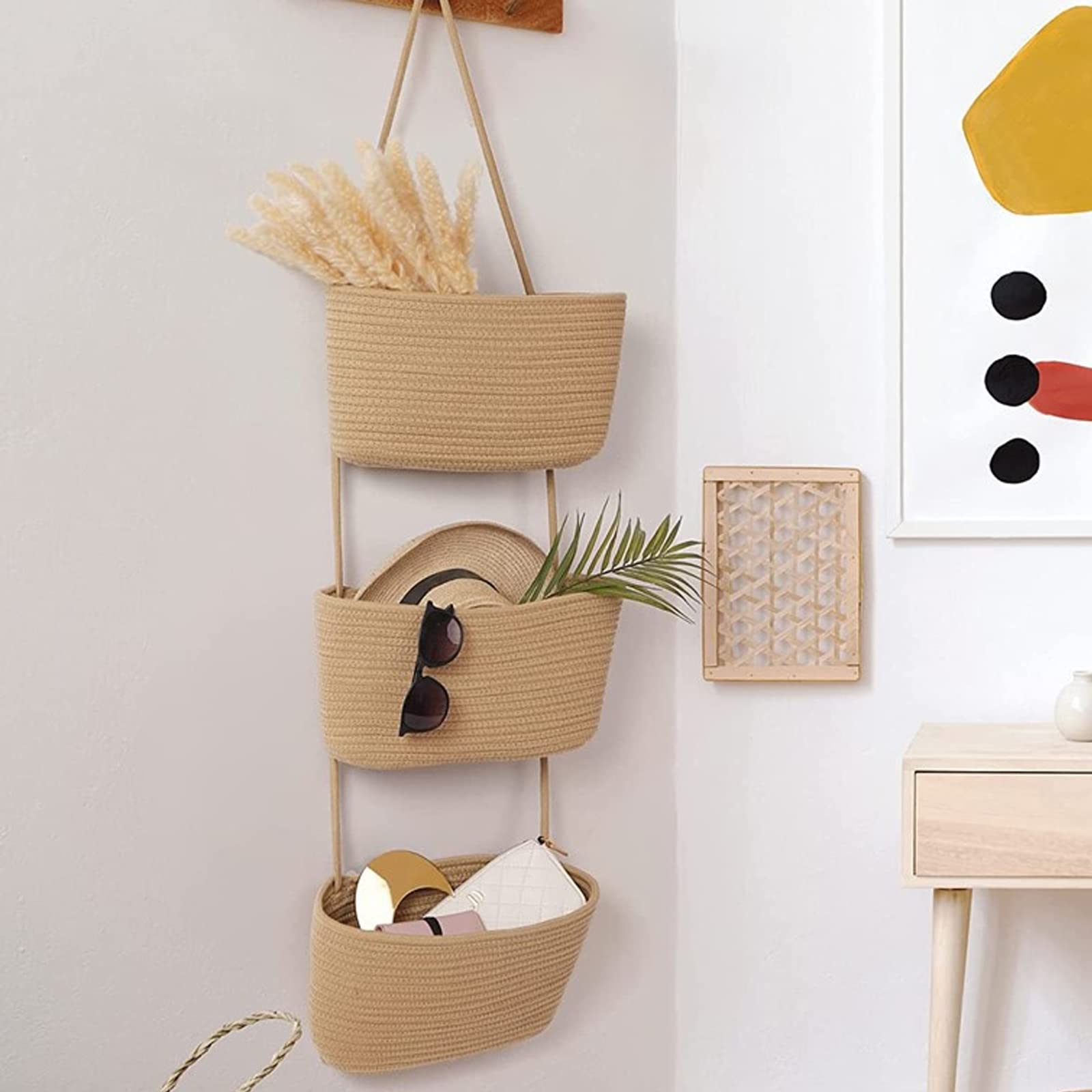Organizador colgante, cesta colgante de pared de 3 niveles, cesta colgante de pared, cestas de almacenamiento de cuerda de algodón, cesta colgante para salón, dormitorio, baño, habitación infantil (B)