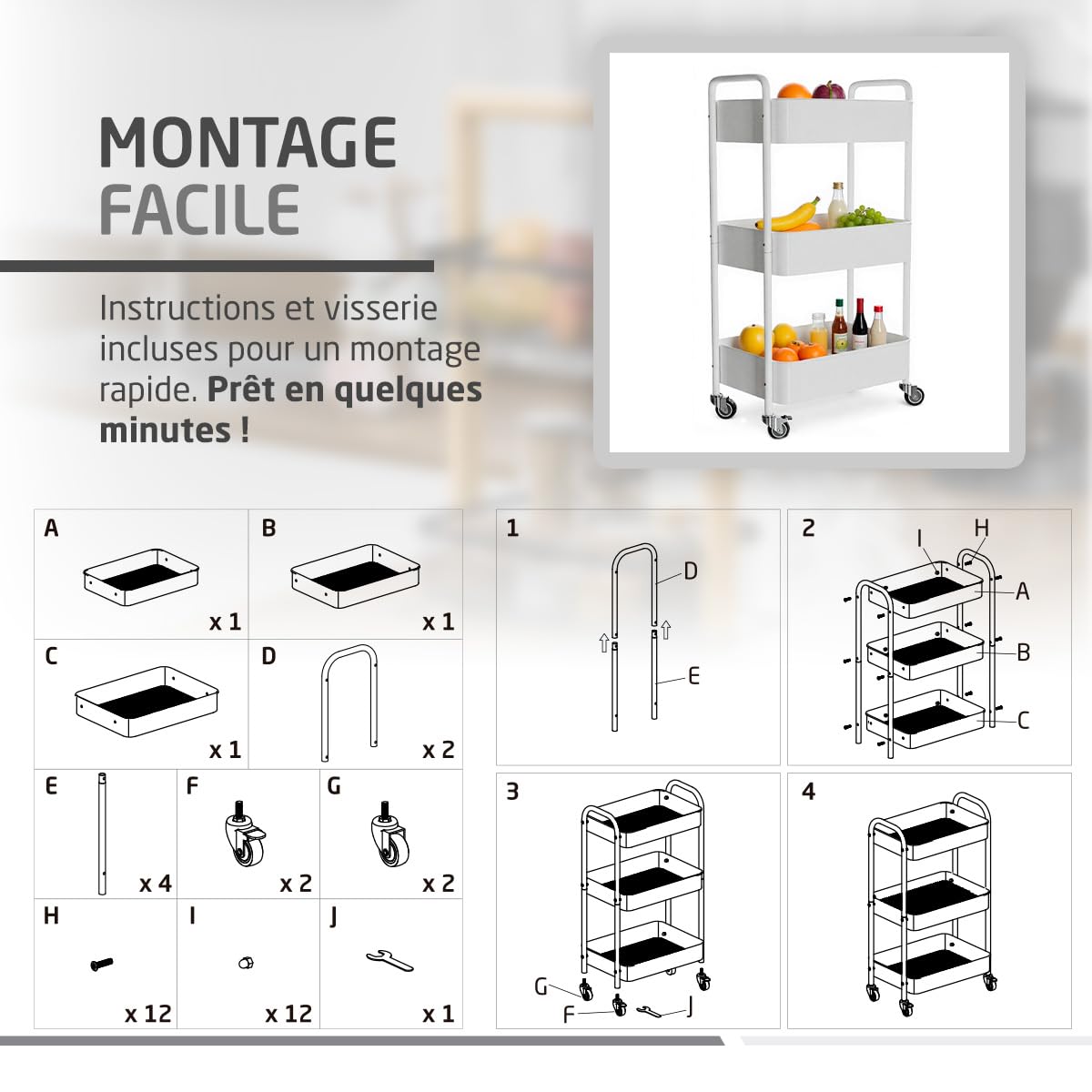 Amig – Desserte de Cuisine 3 Niveaux à roulettes Mod. Linn – Étagère auxiliaire en Acier – Blanc – Chariot Multi-usages pour Cuisine, Salle de Bain ou Bureau – 40,5 x 28 x 76 cm