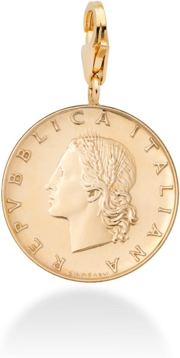 Miabella 18K Gold Plated 925 Sterling Silver Genuine Italian 20-Lira Coin Dangle Medallion Charm Pendant for Bracelet Necklace Women Men 925 Made in Italy