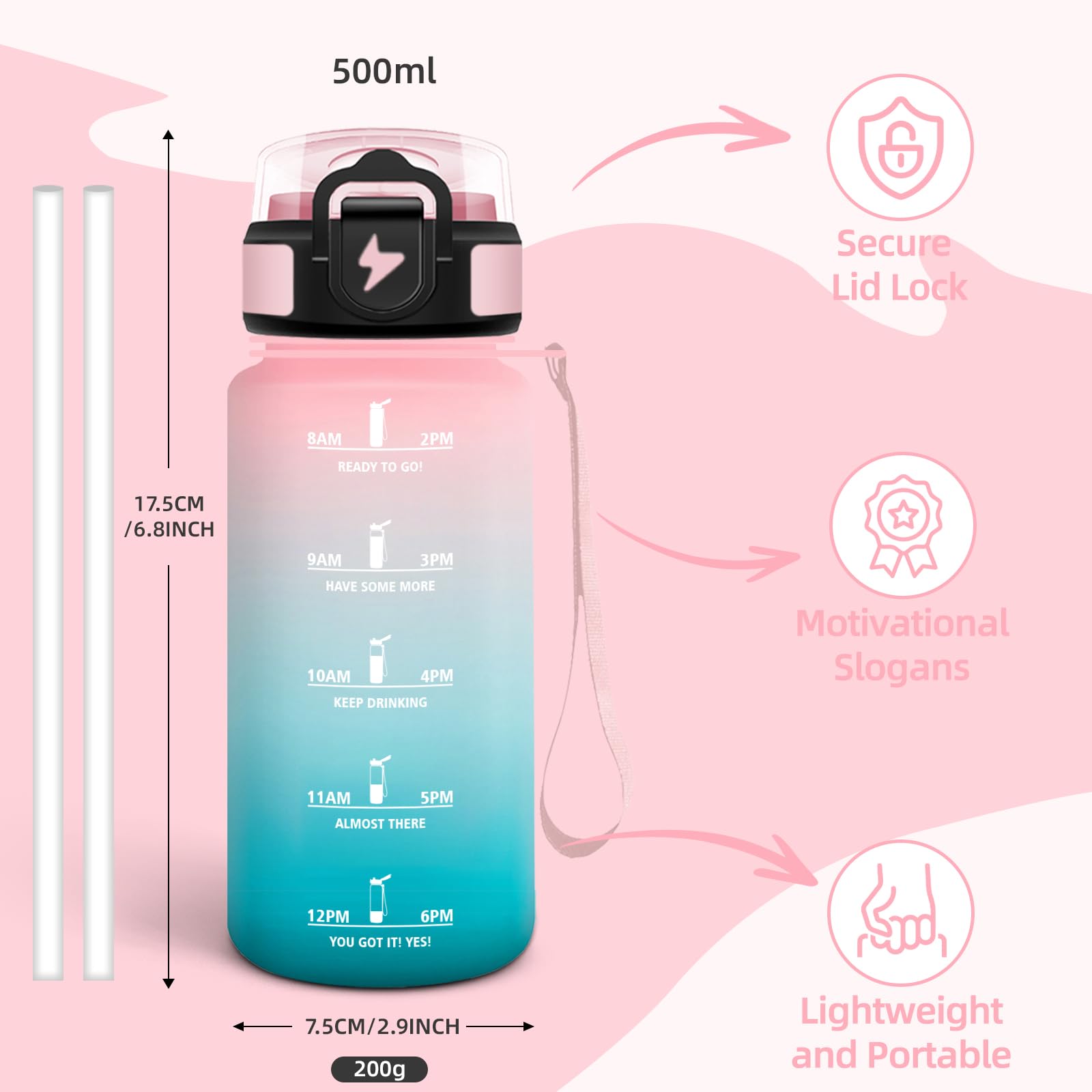 Mulbijeo Borraccia 500Ml, Senza BPA & A Prova di Perdita, Borracce con Cannuccia, Reutilizables, Borraccia Bambini, Apertura One-touch, Borracce Motivazionale per Scuola, Palestra, Ufficio, Lavorando