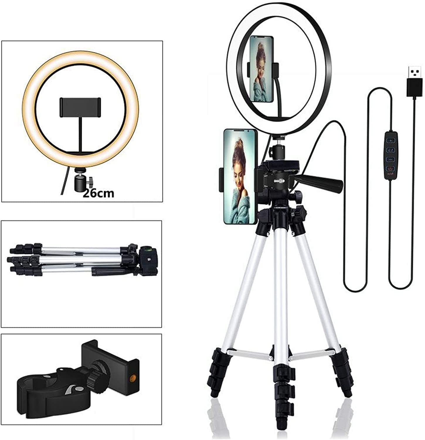 Set treppiede e Luce di riempimento ad Anello LED con Supporto Luce a 3 Colori dimmerabile Angolo di 360° Regolabile per Streaming Live per Registrazione Video, Streaming Live (A)