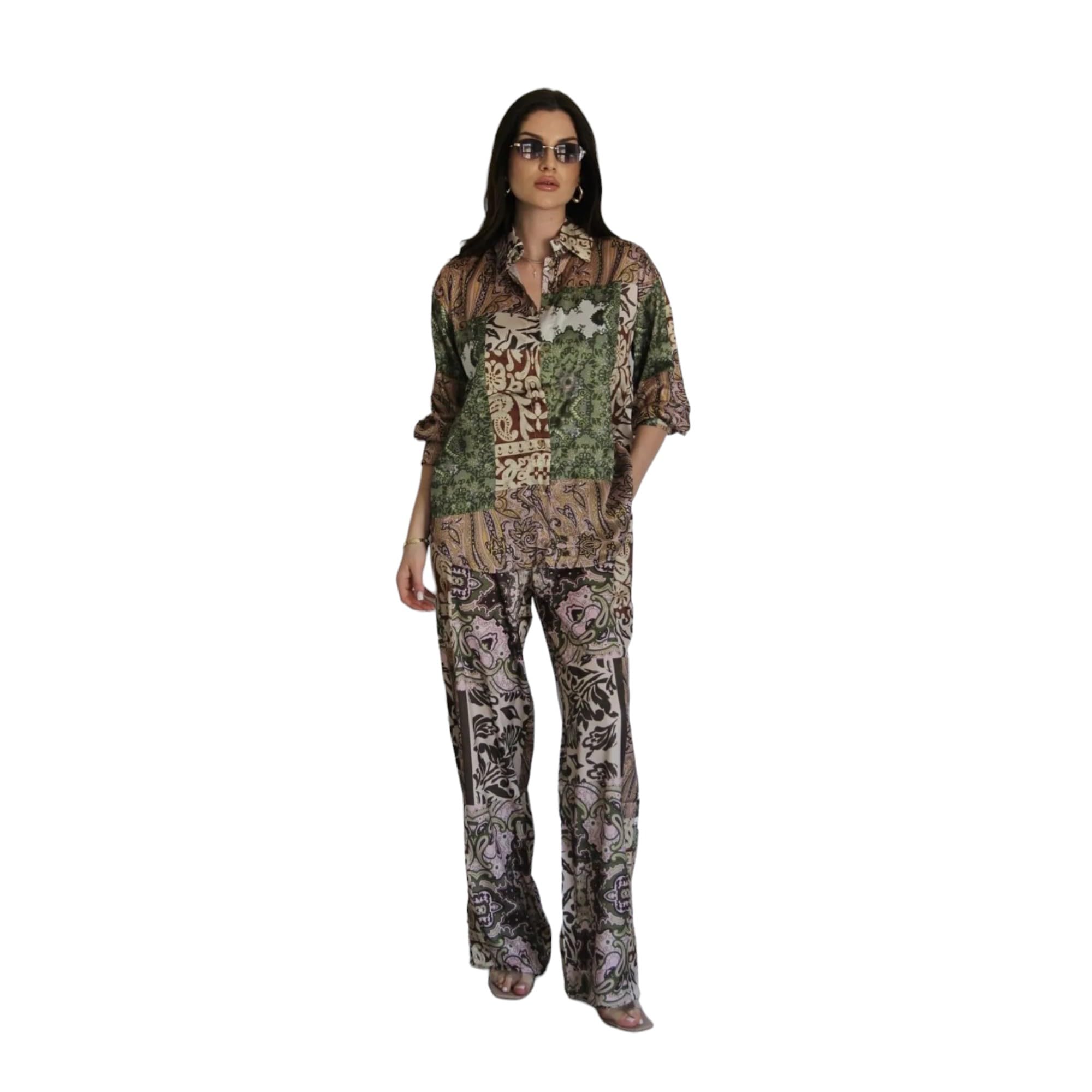 Women's Polyester Co-Ord Set with Button-Up Top & Wide Leg Pant 3/4th Sleeves Collar Neck Printed Pattern Regular Fit and Standard Length-image-6