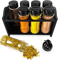 Amilplast Porta Tempero Berço de Madeira com 8 Potes de Plástico 130ml Transparente Tampa Dosadora Dupla para Condimentos com Etiqueta