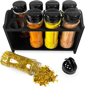 Porta Tempero Berço de Madeira com 8 Potes de Plástico 130ml Transparente Tampa Dosadora Dupla para Condimentos com Etiqueta