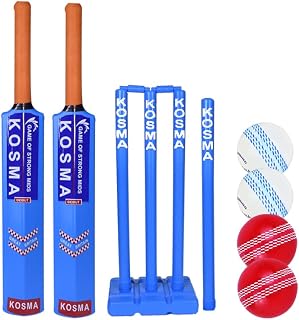 Kosma Juego de 2 jugadores de cricket Kwik con bolsa,2 murciélagos de cricket no 3 (28 pulgadas) y no 5 (30 pulgadas),4xbolas de viento,tocón de blanco con soporte,Color azul turquesa