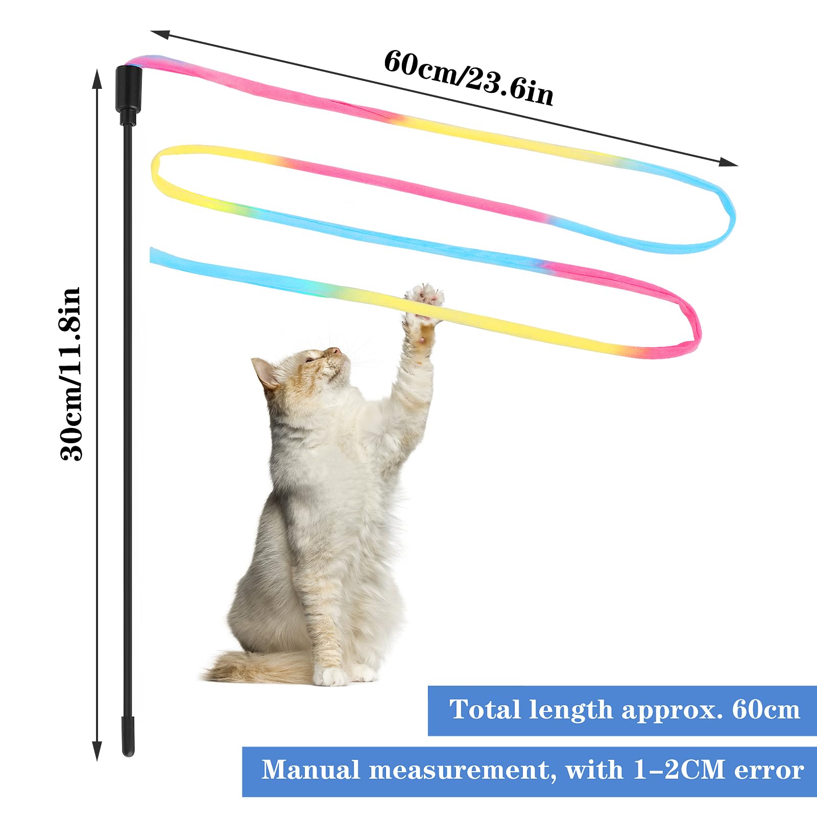 4er-Set Regenbogen-Zauberstab Für Katzen – Mit Bunten Bändern, 30 Cm Stab, 160 Cm Band