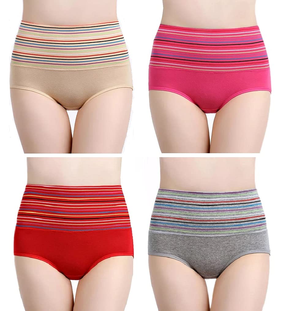 plumbury Women's Cotton High Waist Full Coverage Tummy Control Panty(Pack of 4) Beige/Pink/Red/Grey-picture-13