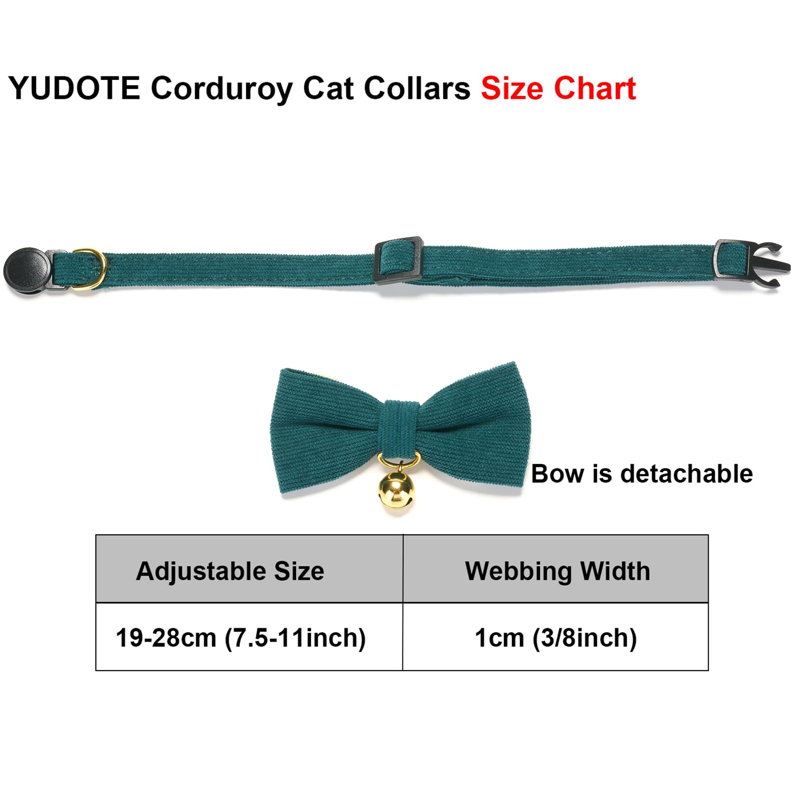 YUDOTE Ultra-soft Collar Natural Cotton Corduroy Made for Cats with Sensitive Skin,Lightweight Kitten Collars with Quick-release Buckle and Removeable Bow-tie,Green Pack of 1 - Image 3