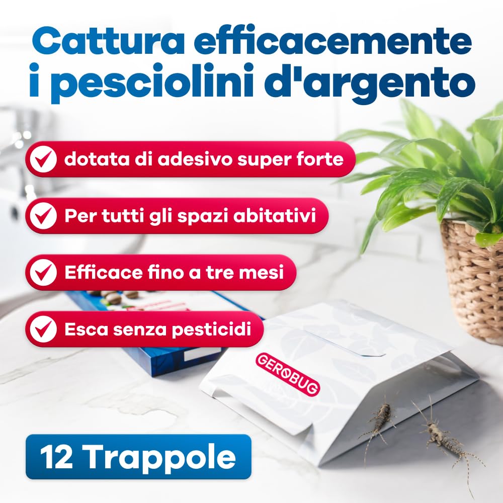 Trappola per pesciolini d'argento Gerobug 12 pezzi - Trappola collante con attrattivo atossico per il controllo delle infestazioni in tutti gli spazi abitativi - Trappola adesiva per pesciolini d'arge