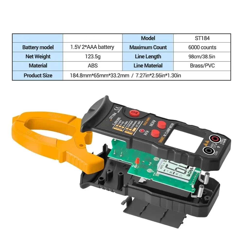 Multimetri ST184 6000 conteggi Multimetro Digitale Professionale Pinza amperometrica True RMS AC/DC Tester di Tensione Corrente AC Hz capacità Ohm (Color : ST184 Black)