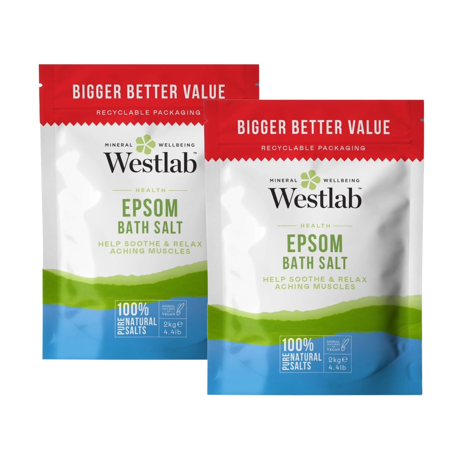 Westlab - Reviving Epsom Salt - 2kg Resealable Pouch - 100% Natural, Pure & Unscented Mineral Salts - Supports Sleep and Relieves Aching Muscles (Packing May Vary). (Pack of 2)