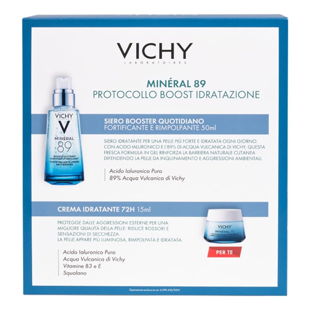 Vichy Minéral 89 Cofanetto Regalo Boost Idratazione, Siero Booster e Crema Idratante, Per Tutti i Tipi di Pelle, Azione Fortificante e Rimpolpante, Pelle Tonica e Levigata, 50 ml + 15 ml