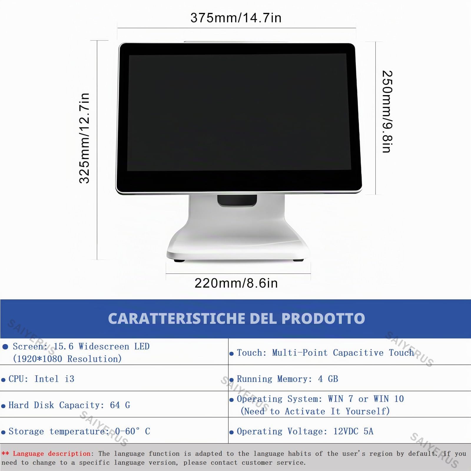 Terminale POS per Piccole Imprese, Registratore di Cassa per Punti Vendita al Dettaglio e Ristoranti con Windows-10, Touch Screen da 15,6", 4gb di RAM, Ssd da 64gb, 1920x1080 Pixel, i3-CPU