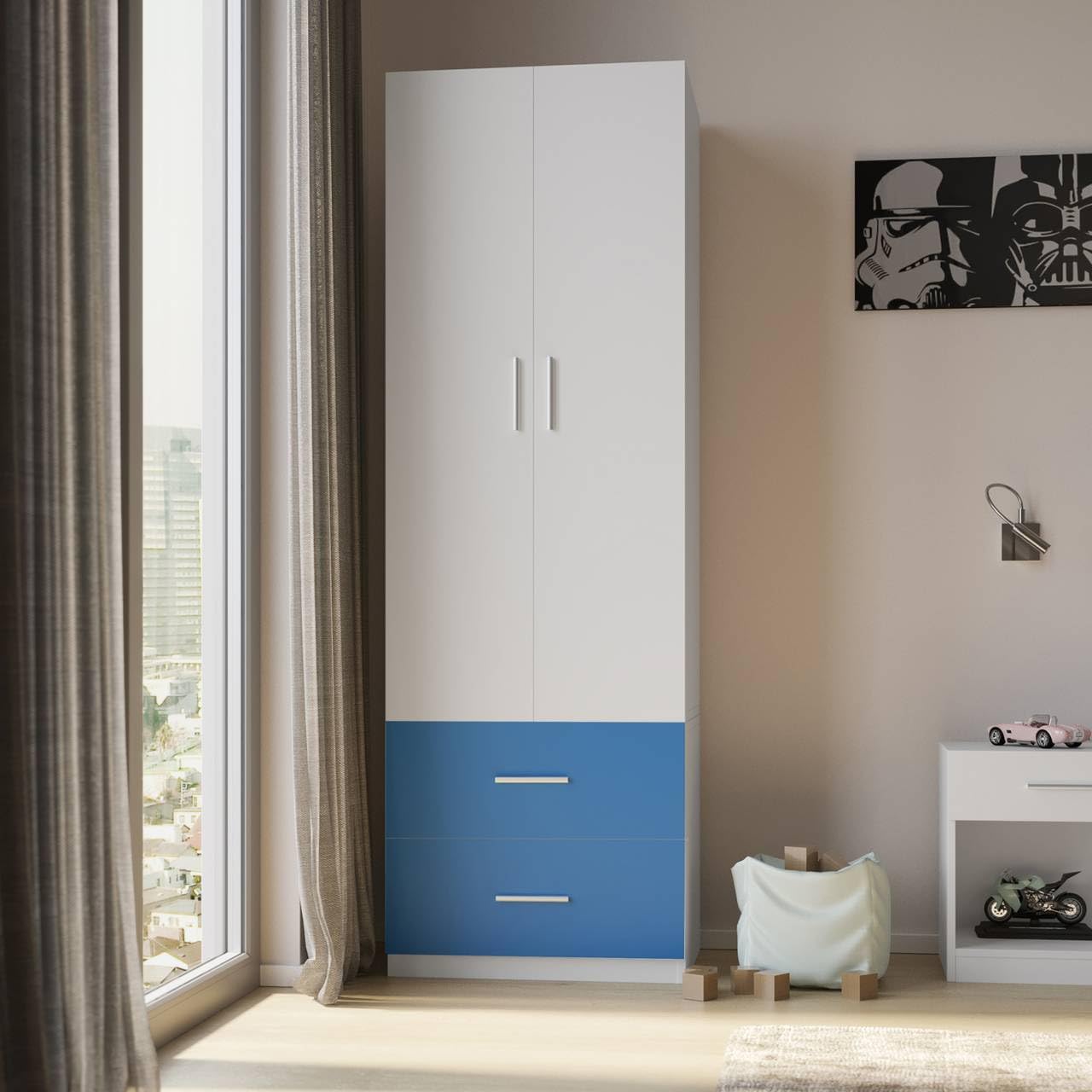 Urbn-Living Urbnliving Height 180Cm Orlando White Wooden 2 Door Blue 2 Drawer Compact Kids Wardrobe Bedroom Storage Hanging Bar from B&Q