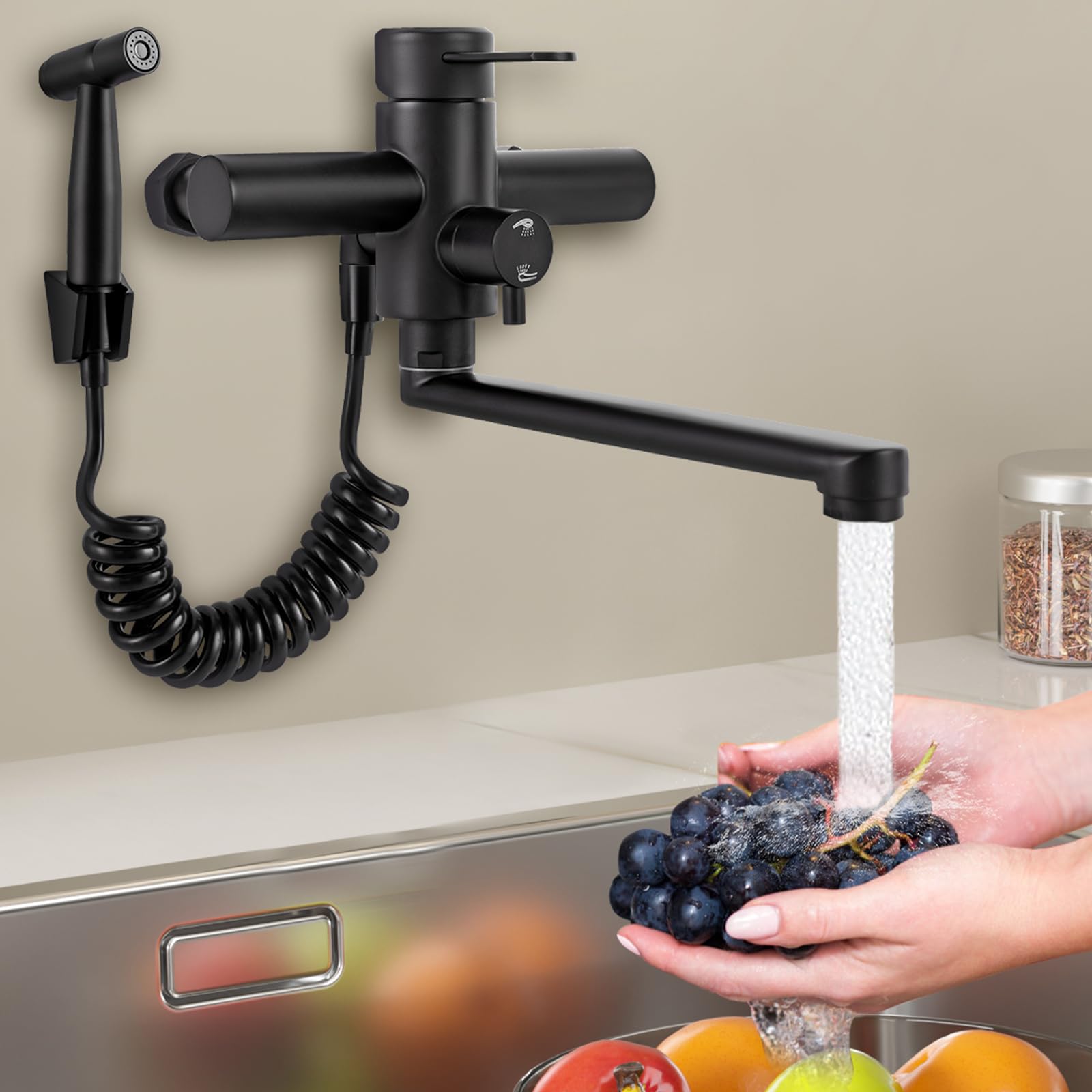 Grifo de cocina, montaje en pared, con pistola, giratorio de 360°, grifo mezclador, varios modos de flujo, manguera flexible telescópica de 1,5 m, para cocinas, baños, aseos, negro