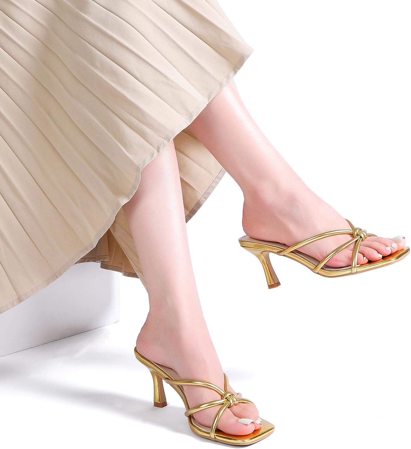 Kitten Strappy Heels for Women Knotted Square Open Toe Slip On Mule Heels Mid Heeled Sandals - Image 2