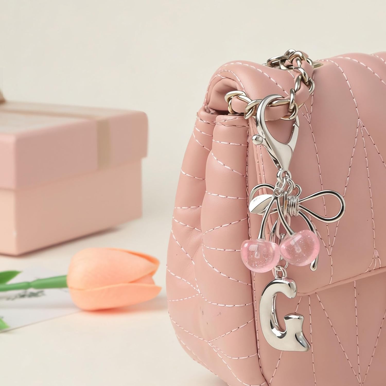 Snycler Bubble Initial Keychain with Bow & Cherry - Silver Letter Bag Charms for Women, Cute Purse Handbag Accessories image 3