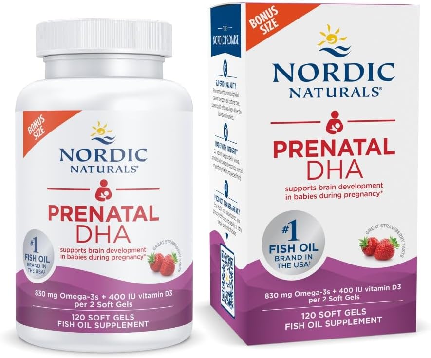 - Nordic Naturals Prenatal DHA, Strawberry - 120 Soft Gels - 830 mg Omega-3 + 400 IU Vitamin D3 - Supports Brain Development in Babies During Pregnancy & Lactation - Non-GMO - 60 Servings