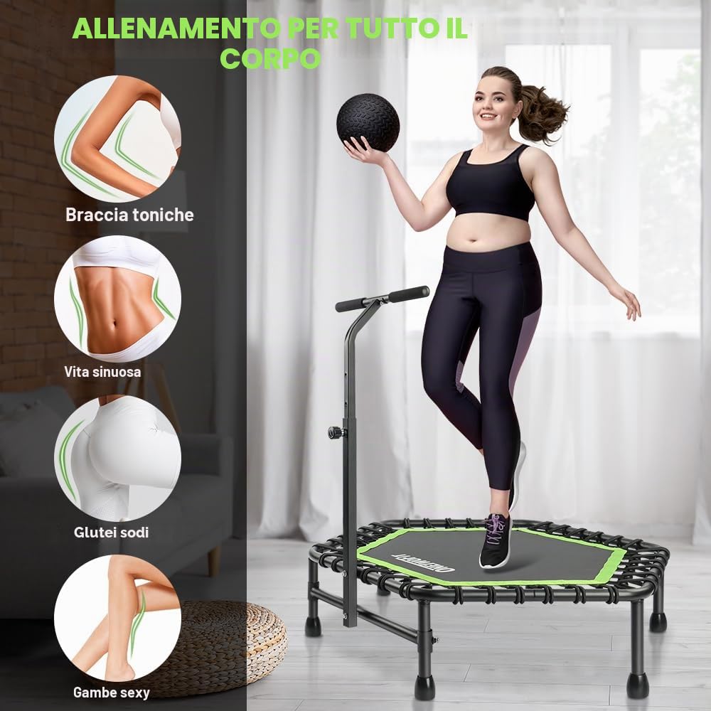 ONETWOFIT 107/114cm trampolino a rimbalzo per adulti, mini trampolino silenzioso per esercizi indoor, trampoline fitness con rimbalzo bungee