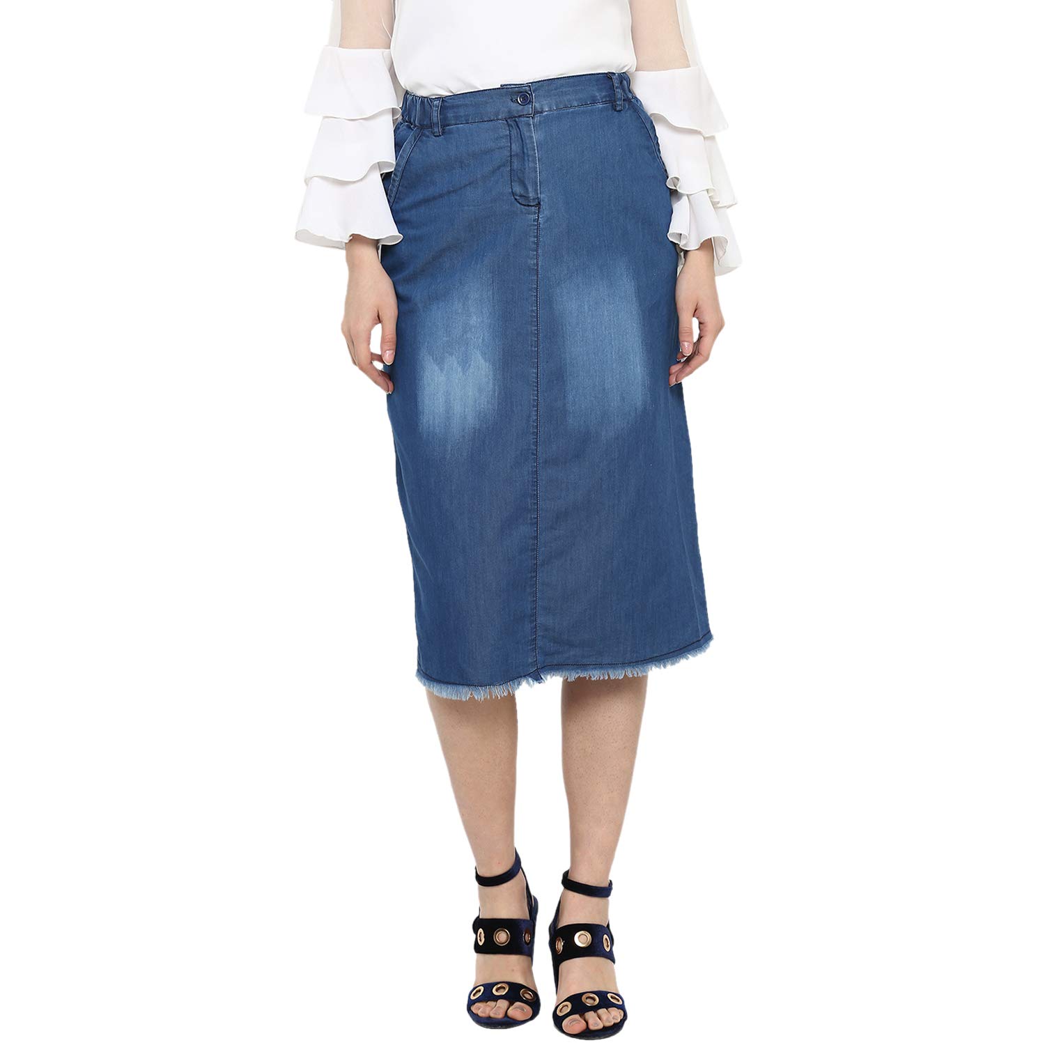 StyleStone(3379SkirtMnkyS Women's Denim Skirt with Monkey Wash Blue