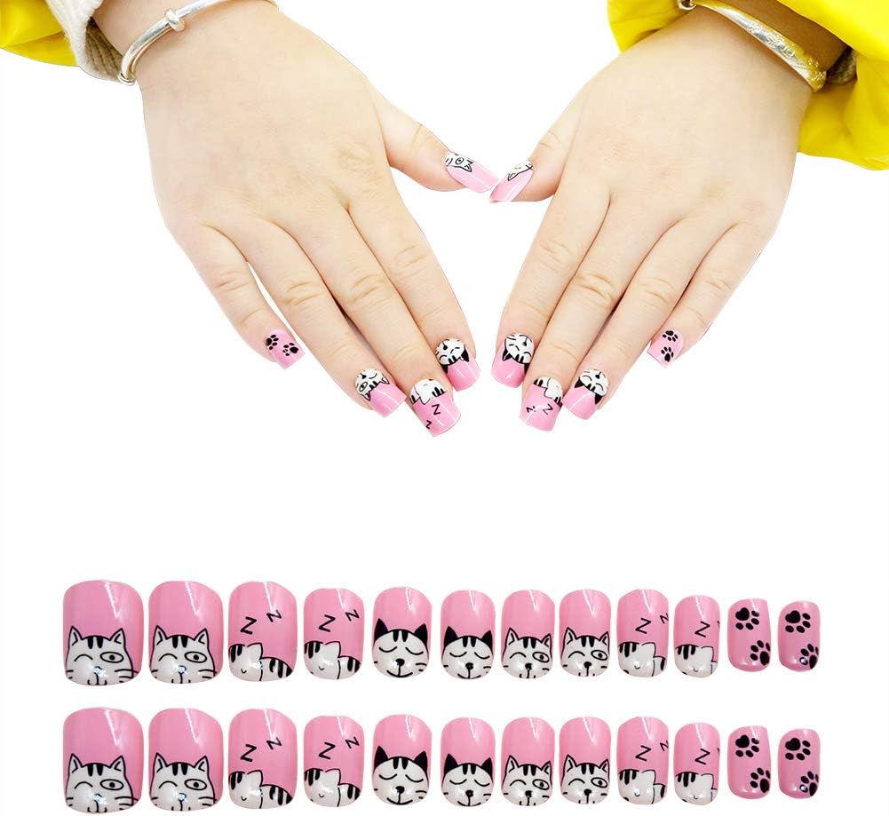 24pcs Children Nails Press on Pre-glue Full Cover Gradient Color Rainbow Short False Nail Kits Gift for Kids