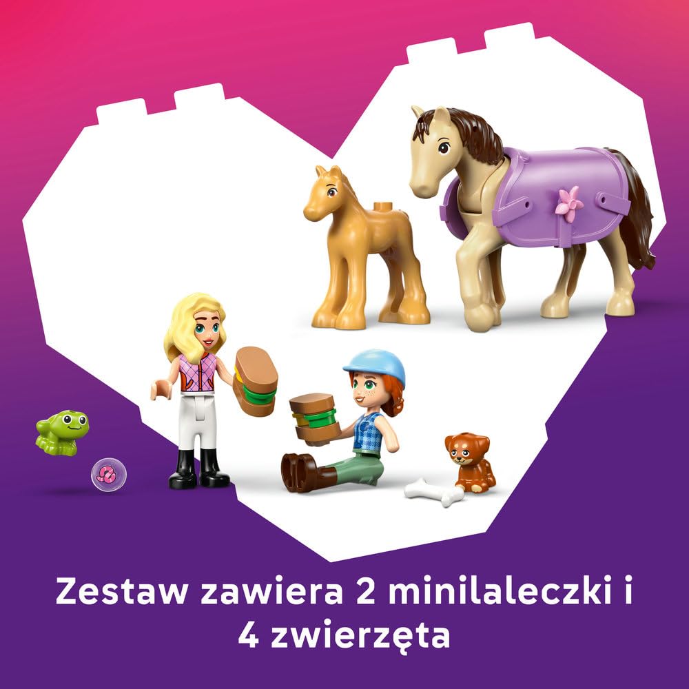 LEGO Friends Przyczepa z koniem i źrebaczkiem, zabawka dla dzieci z 2 minilaleczkami i figurkami zwierząt, kreatywne klocki na prezent dla 7-latki, dla dziewczynki, chłopca, miłośniczki koni 42695
