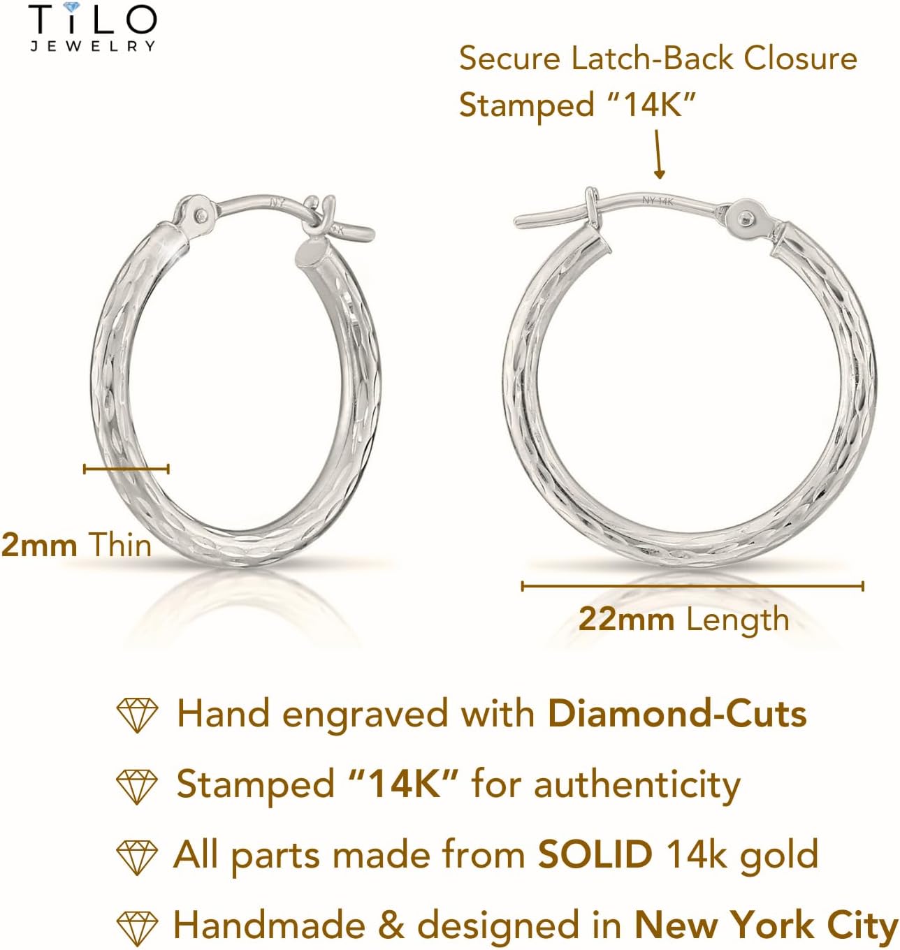 14k White Gold Hand Engraved Full Diamond-cut Round Hoop Earrings - Image 3