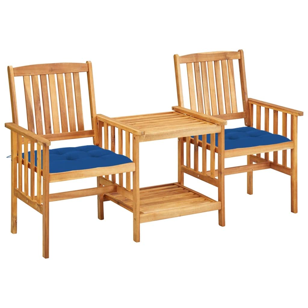 Gartenbank mit integriertem Tisch und Kissen Akazie Massivholz, 2-Sitzer Gartenmöbel Set mit Teetisch für Balkon, Terrasse und Garten, 159 x 61 x 92 cm, Königsblau