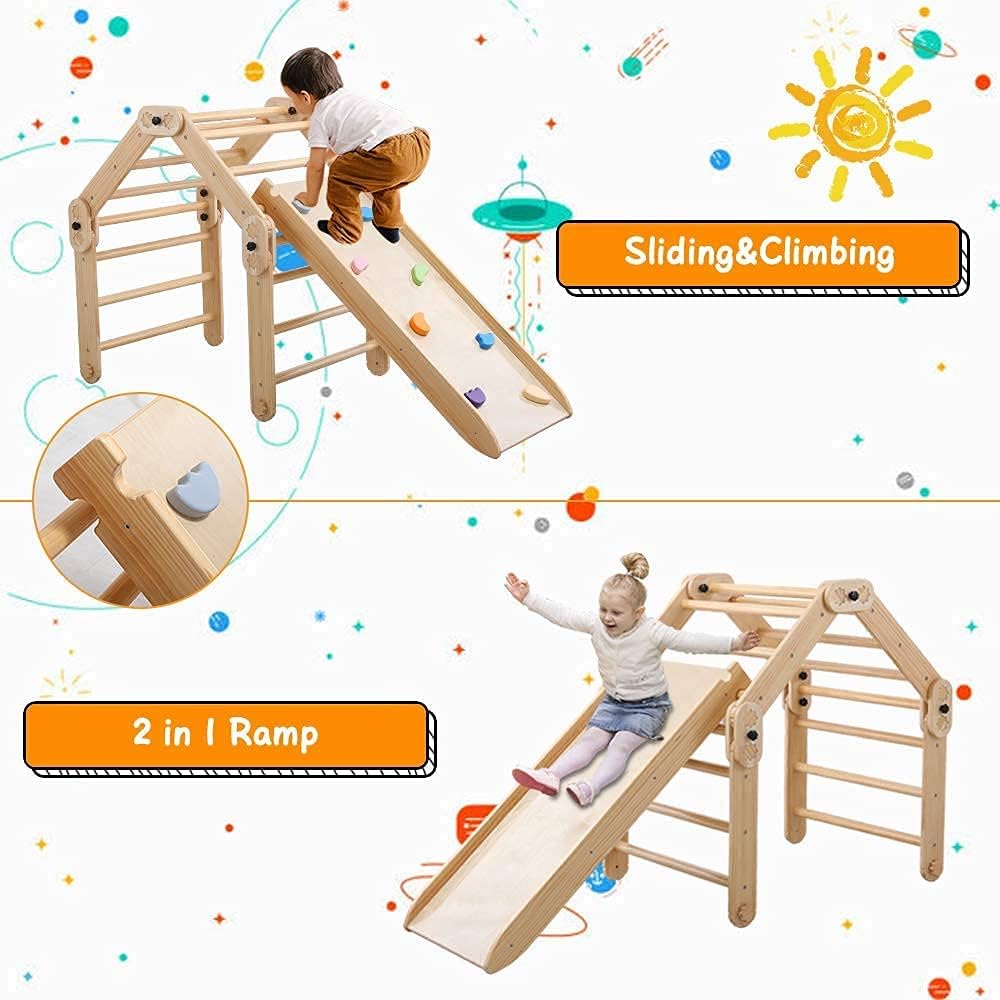 Creative Product Dripex Foldable Pikler Triangle Climber with Ramp - Modifiable Wooden Pikler Triangle and Reversible Slide with Color Stones for Climbing & Sliding Indoor, Montessori Climbing Toys for Toddlers 1-3+ Up To 50% OFF Dripex Foldable Pikler Triangle Climber with Ramp - Modifiable Wooden Pikler Triangle and Reversible Slide with Color Stones for Climbing & Sliding Indoor, Montessori Climbing Toys for Toddlers 1-3+