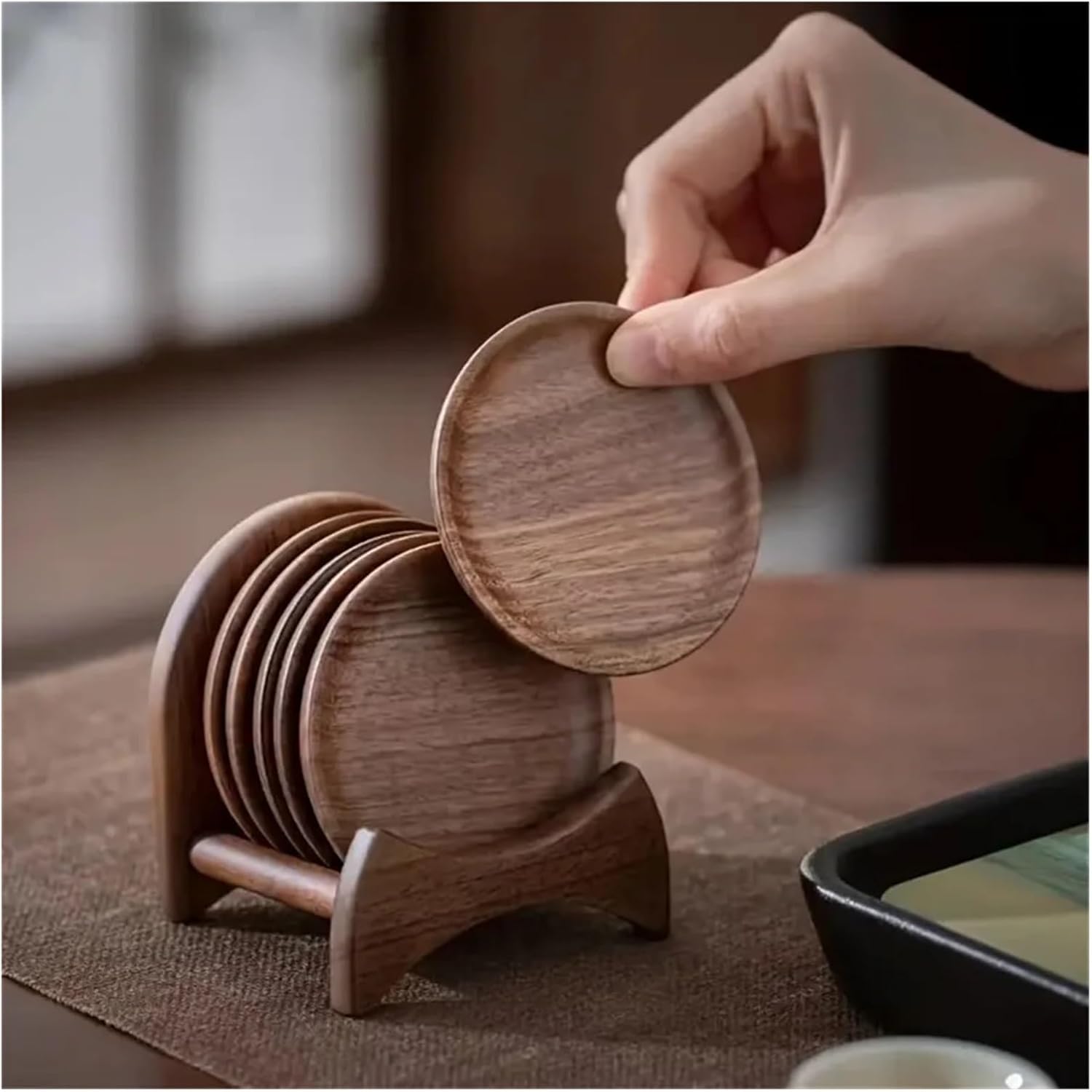 Wood Coasters W/Holder - Round for Tea Ceremonies & Coffee, Stackable