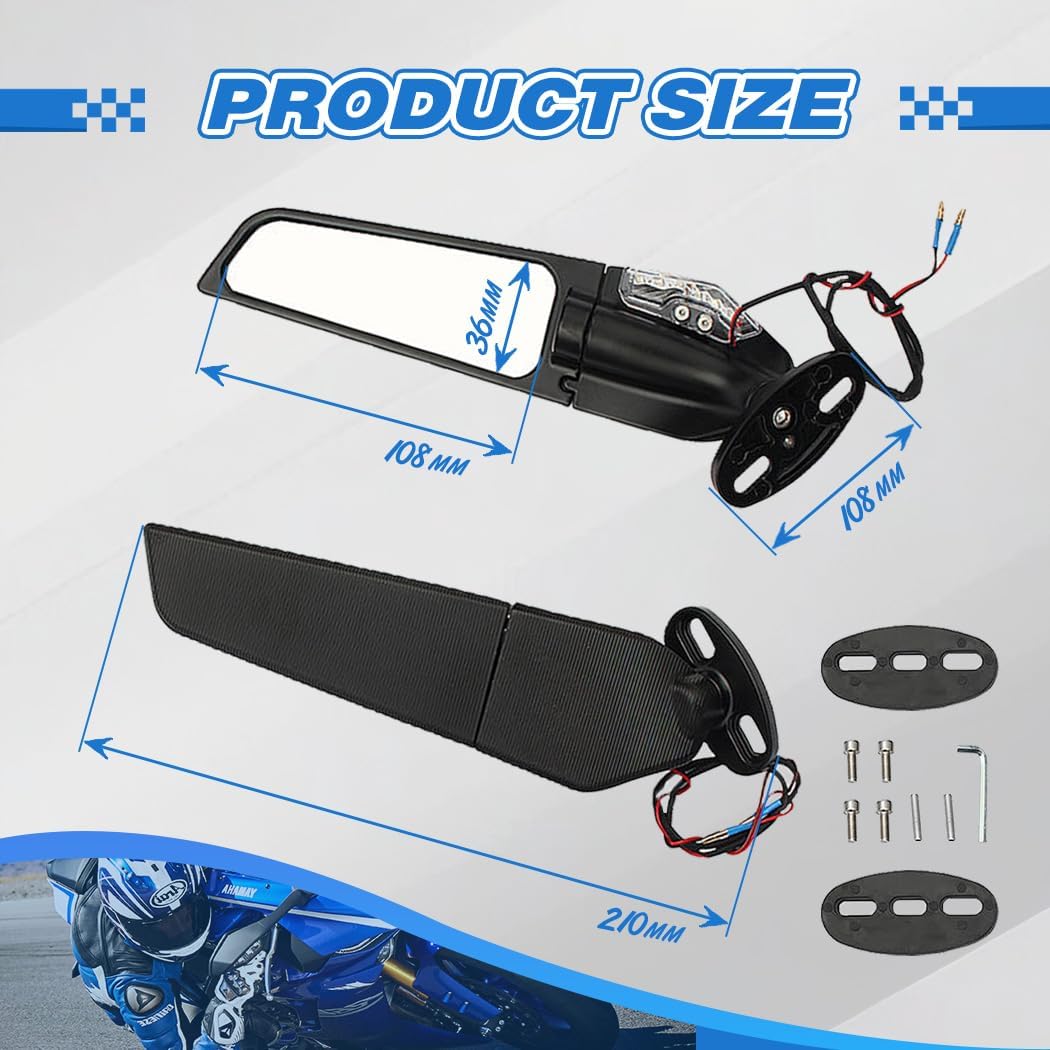 Racing Motorcycle Rear View Mirrors Stealth Mirrors with LED Turn Signal Lights for Honda CBR250R CBR300R CBR500R CBR600RR, for Kawasaki Ninja 400 300 650 Suzuki GSXR600 750 Yamaha R3 Ducati