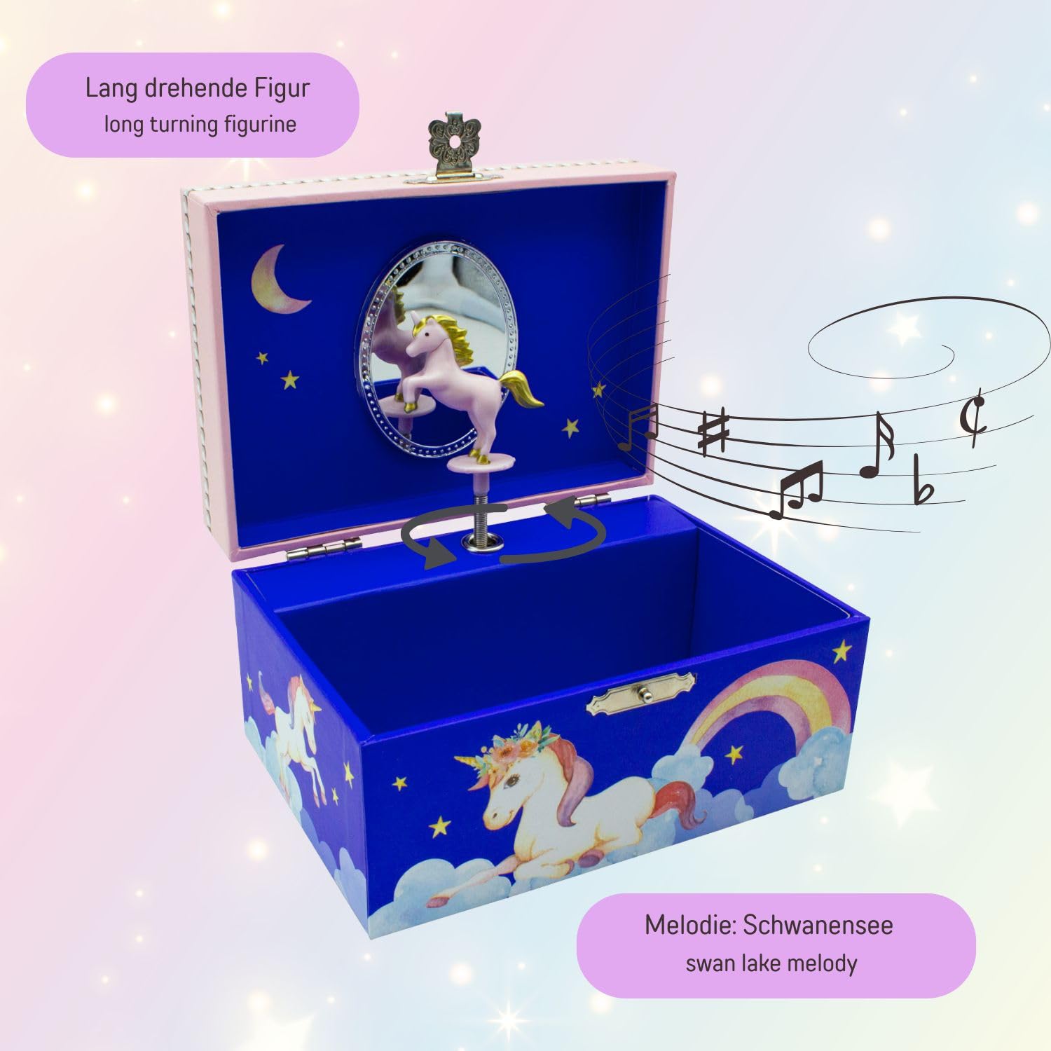 Caja musical joyero para niñas, joyero azul, unicornio, melodía: lago de los cisnes – 92060