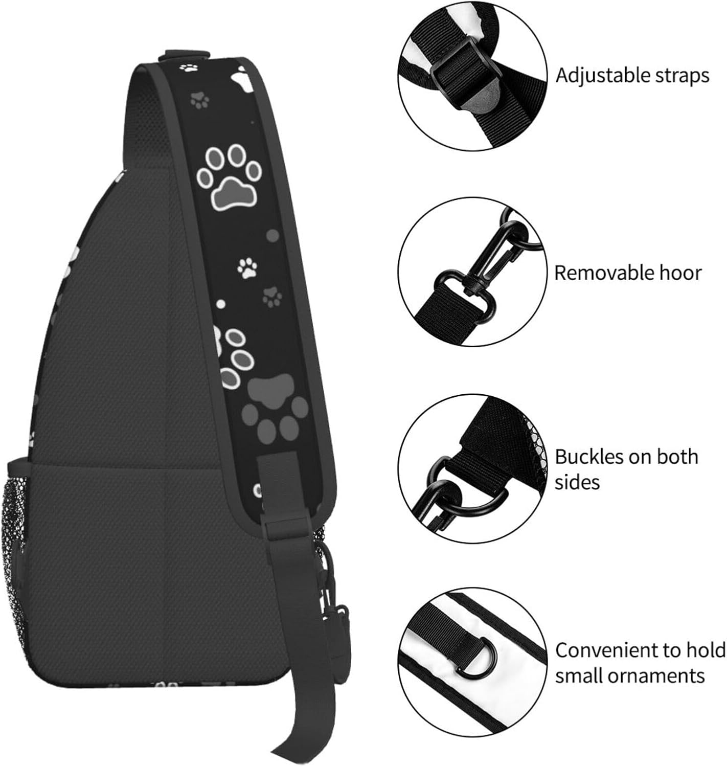 Paw Print Crossbody Sling Bags White Dog Claws and Stars on Black Background Sling Backpack for Women Men Casual Shoulder Bag Cute Animal Pet Footprint Travel Gym Sports Hiking Daypack - Image 4