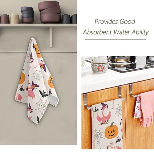 Halloween Flamingo Pumpkin Bath Hand Towels Set Of 2 Witch Hat Spider Erb Bat Kitchen Dish Towel Fingertip Towel For Bathroom Home Stove Decor Absorbent Soft #TOP4