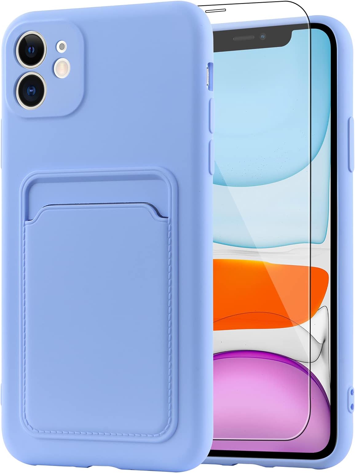 MZELQ Compatible with iPhone 11 Case TPU Card Holder Wallet Cover,Camera Protection + Screen Protector Soft Card Slot Phone Case -Purple