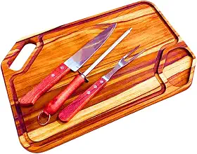 Kit com Tábua de Churrasco Premium de Madeira, Garfo, Faca e Afiador em Aço Inox