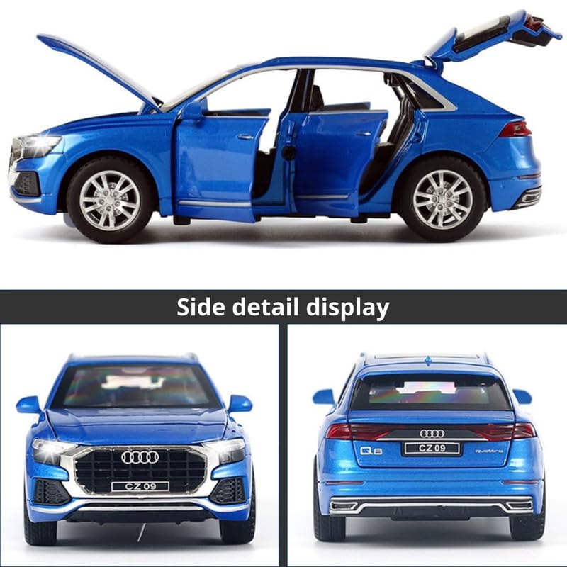Image of Kids Model 1:32 Q8 Die Cast Metal Car Pull Back Action Opening Doors with Realistic Engine Sound Lights Toy Car Gift for Boys - Blue