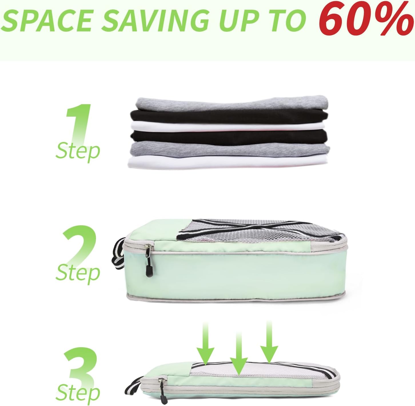 Compression Packing Cubes Suitcases Organizer: 2/4/6 Sets Travel Storage Bags for Luggage - Travel Essentials for Space Saver Green