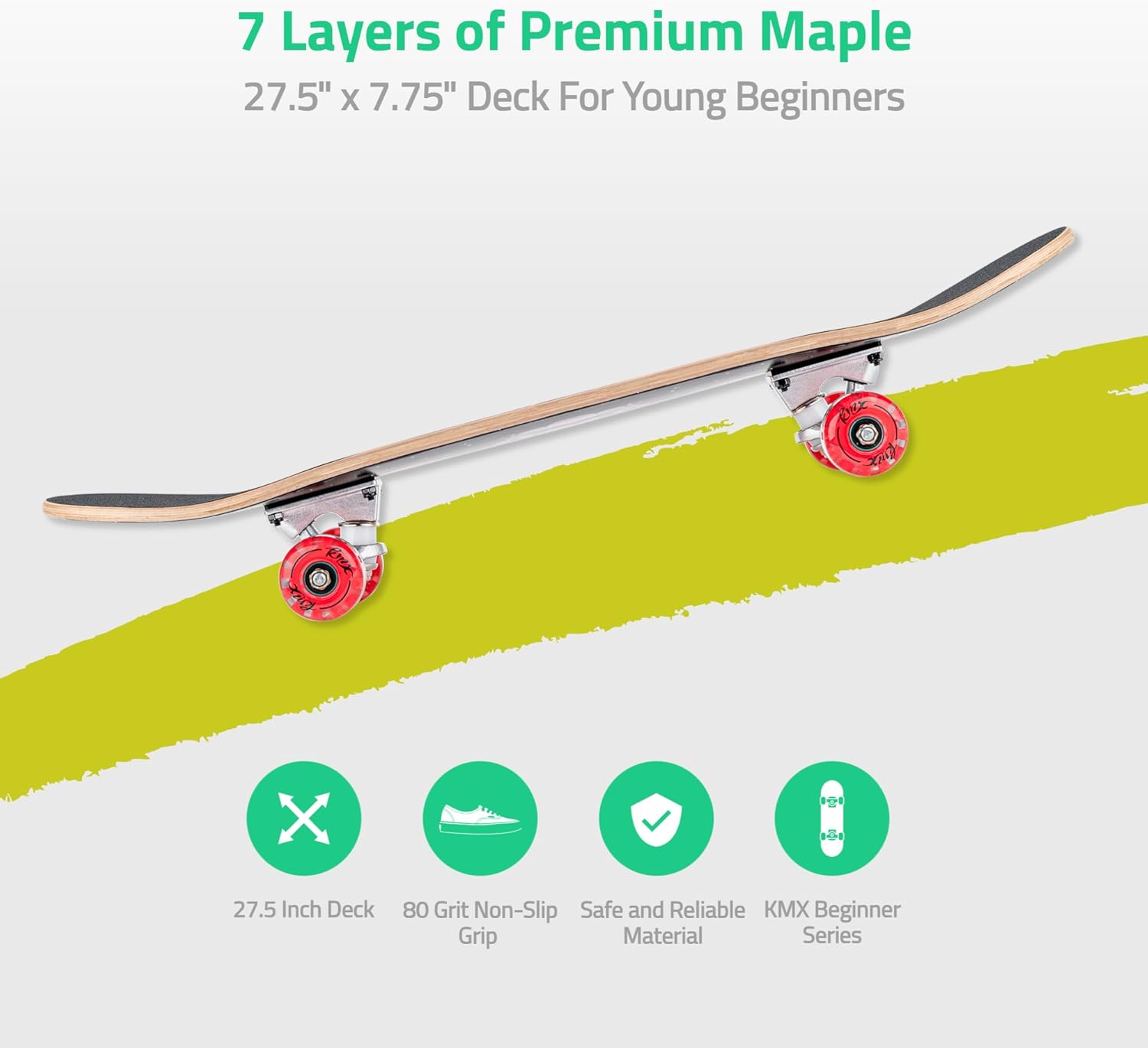 KMX Complete Skateboard for Beginners, 7-Layer Canadian Maple Double Kick Concave Deck| Aluminum Alloy Trucks | Pro Skateboard for Boys, Girls, Kids, Teens, Adults