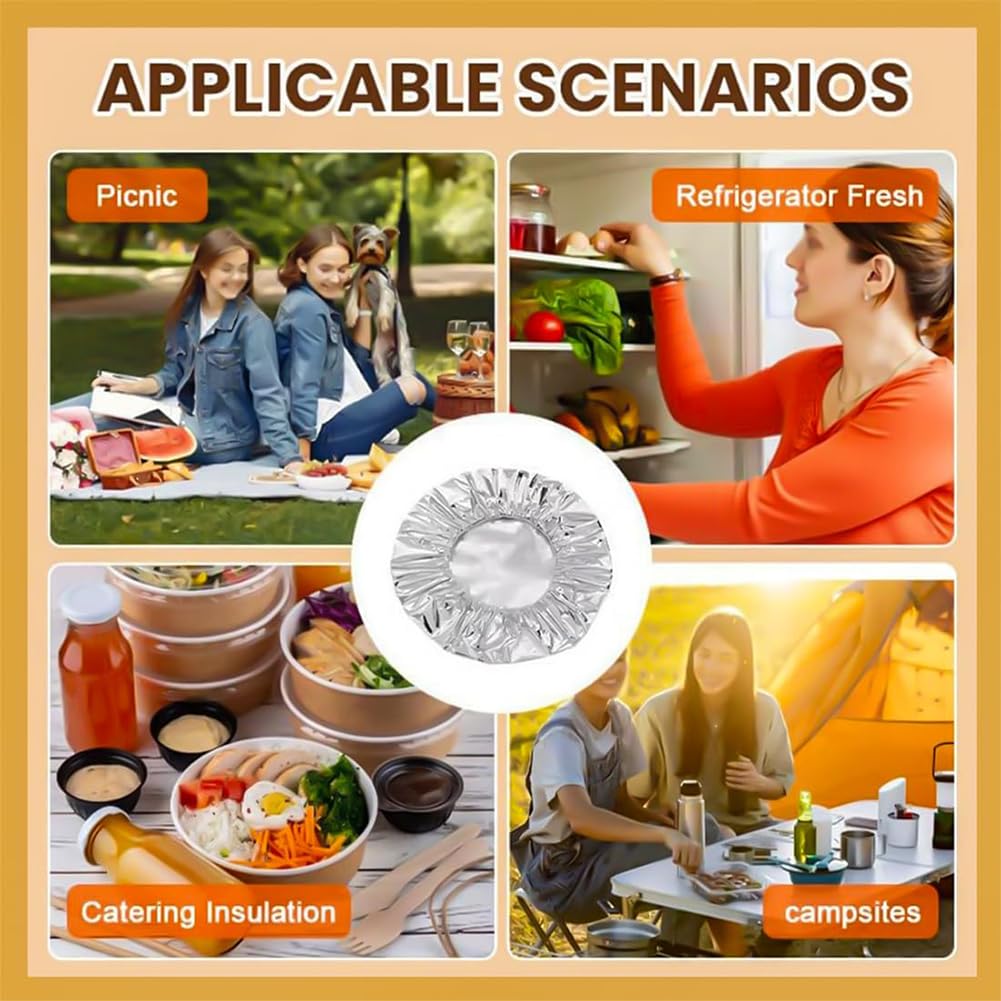 Couvercles Alimentaires en Aluminium Réutilisables, Film d'Isolation Thermique Épais avec Bords Élastiques, Résistant à 110℃, Protection Fraîcheur pour Plats, Bols et Assiettes (200 Pcs)